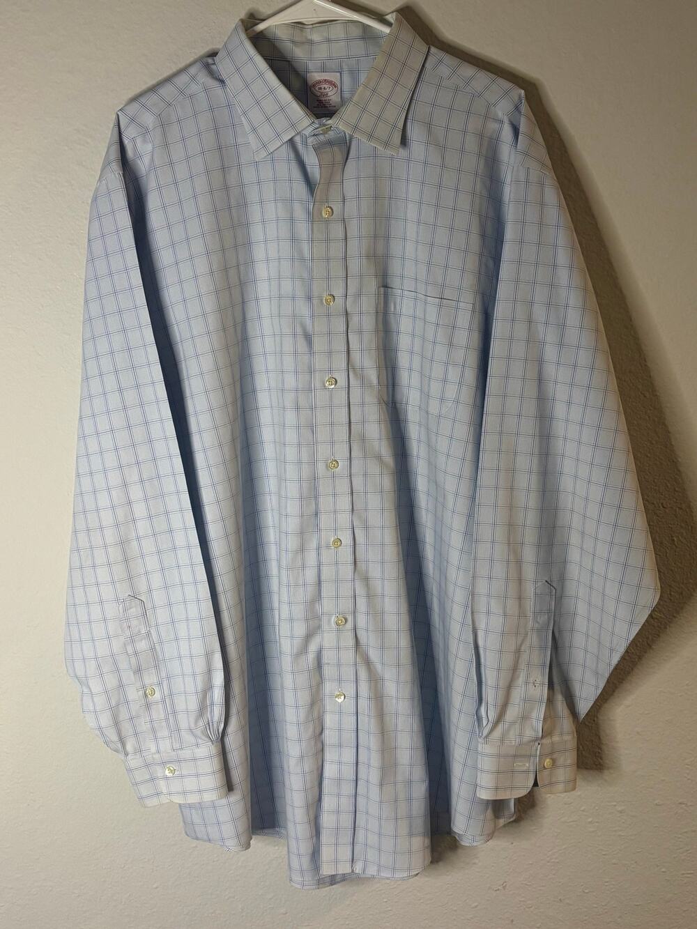 Brooks Brothers 346 Dress Shirt Men's 18-6/7 Blue White Windowpane Regular Fit